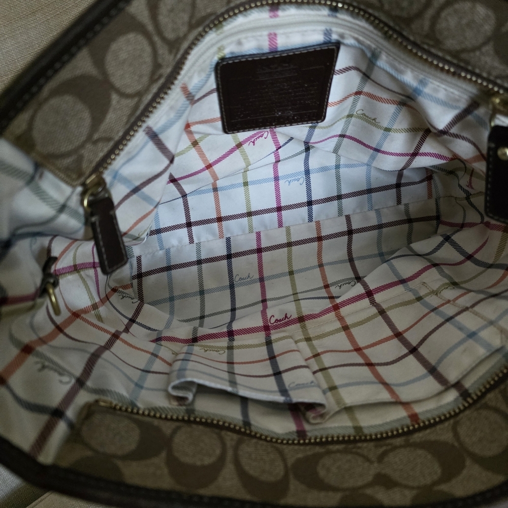 Coach Brown Signature Canvas Tote with Red Logo and Dark Brown Stripe - Picture 3 of 16